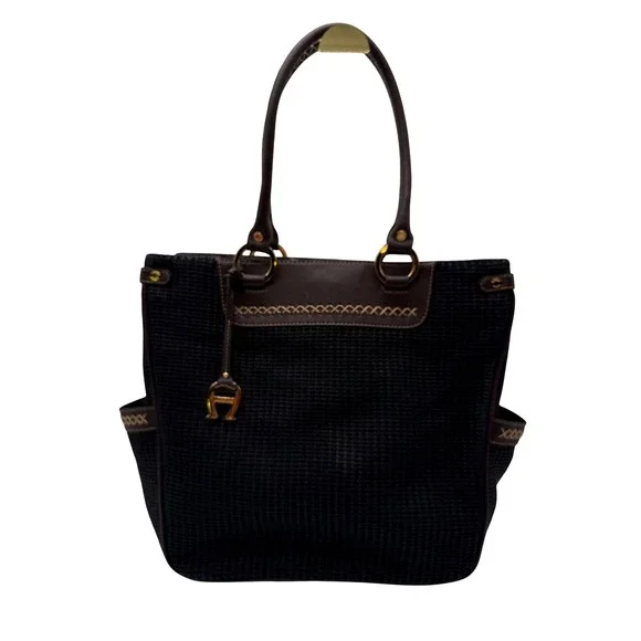 Etienne Aigner vintage Black Woven Tote Bag Brown‎ Trim Whipstitch Gold Hardware