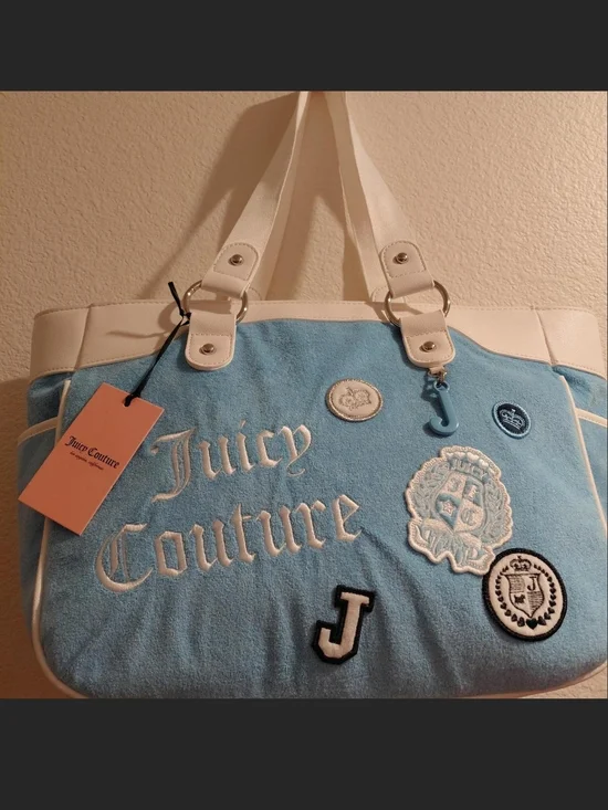 Juicy Couture Large Light Blue and White Logo Patch Tote