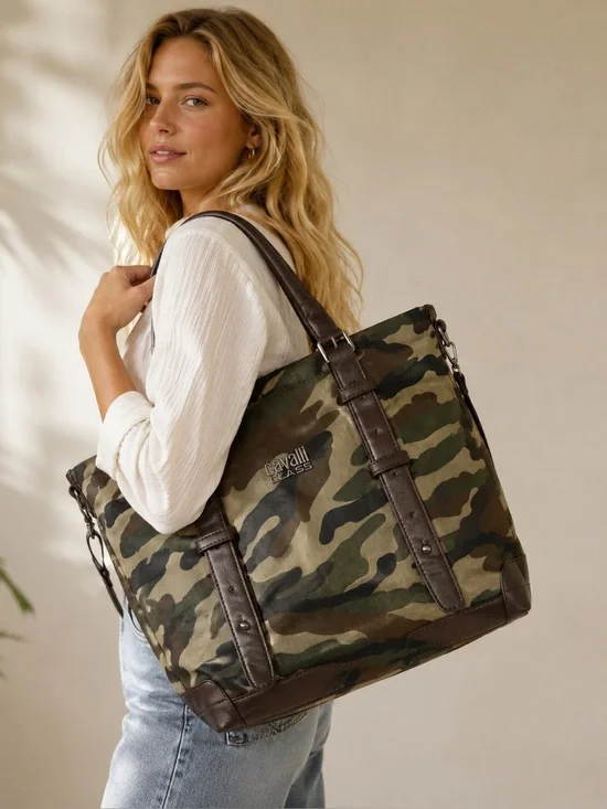 Cavalli Class Camouflage Canvas Tote Bag | Large Foldover Shoulder Bag