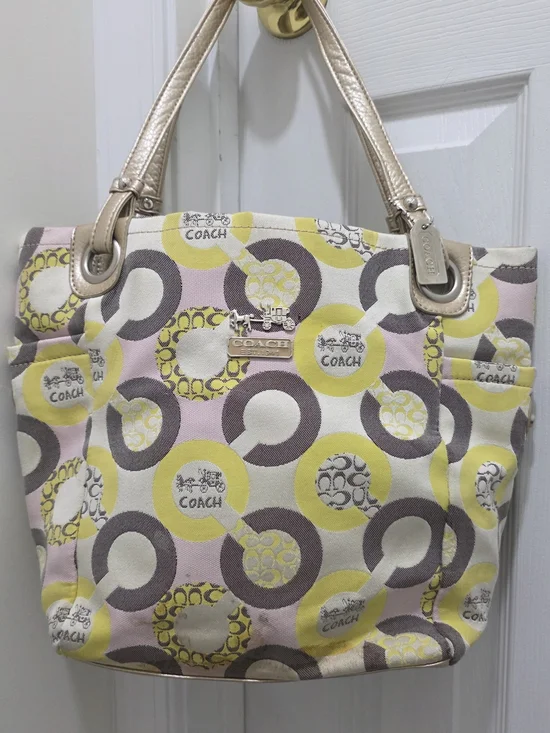 Coach Canvas Tote in Yellow, Pink, and Gray Circle Print with Metallic Handles