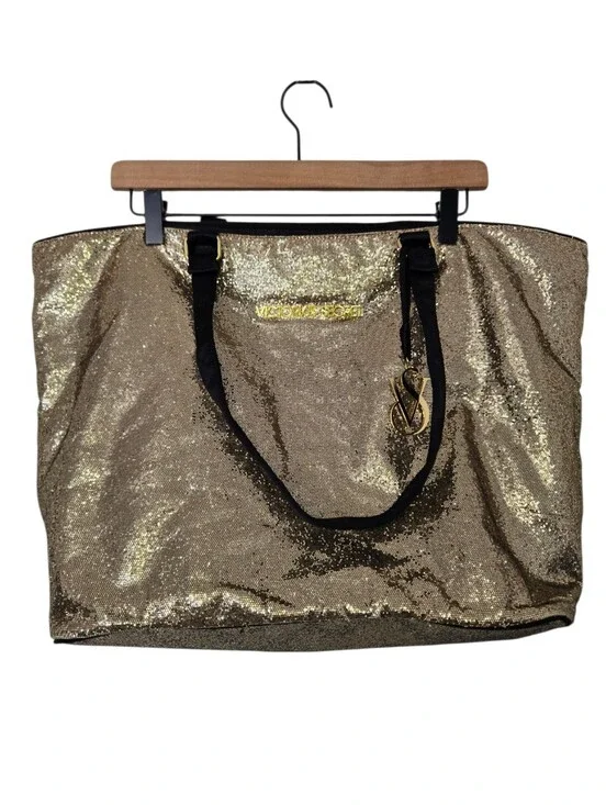 ✨ Victoria's Secret Gold Metallic Oversized Weekender Tote Bag | Large Travel Sh