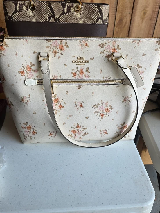 Coach Cream Floral Print Leather Tote with Pink & Peach Accents