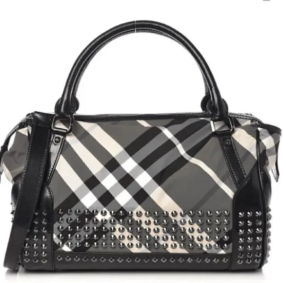 BURBERRY Nylon Beat Check Studded Medium Edenham Satchel Black