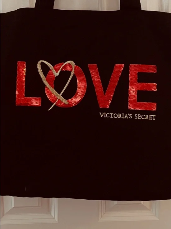 Victoria's Secret Black Tote with Red Sequin LOVE and Gold Heart