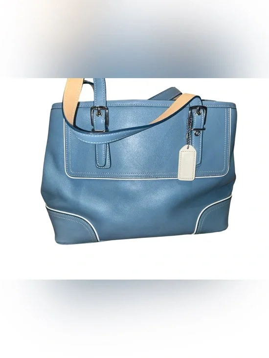 Coach Hampton Blue Leather Tote with Cream Trim with COA