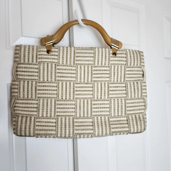 Carabella Vintage Italian Woven Cream Color Wooden Handle Women's Bag