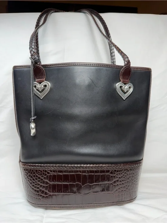 Brighton Black and Brown Leather Tote with Heart Hardware