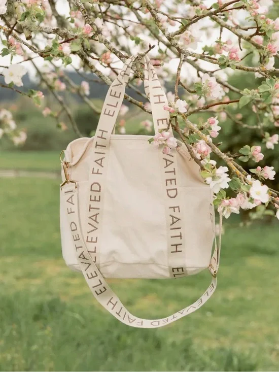 Elevated Faith Cream Canvas Tote with Logo Strap