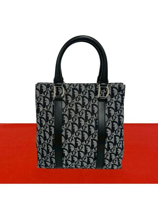 Dior Trotter Pattern Canvas Leather Handbag Mini Tote Black