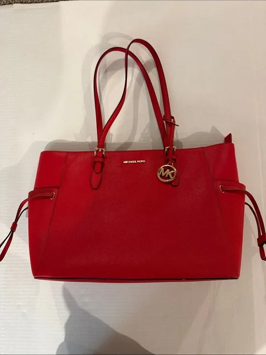 Michael Kors Red Saffiano Tote with Gold MK Charm