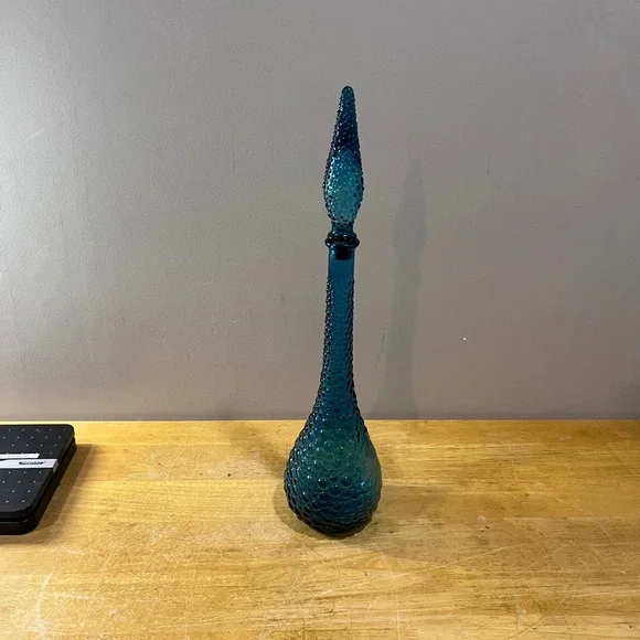 Vtg Empoli Blue Hobnail‎ Bubble Glass Decanter Genie Bottle Italy 21.5