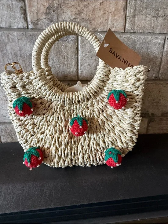 Savannah Cream Straw Tote with Red & Green Strawberry Accents
