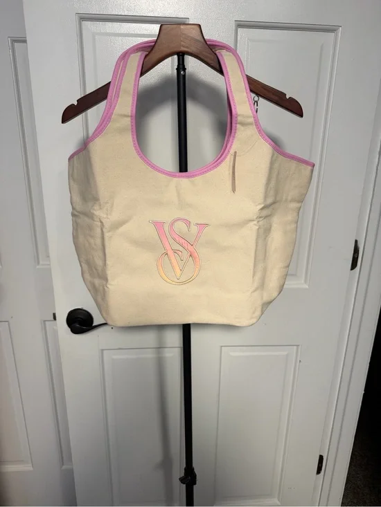 Victoria's Secret Cream Canvas Tote with Pink Trim and Ombre Logo