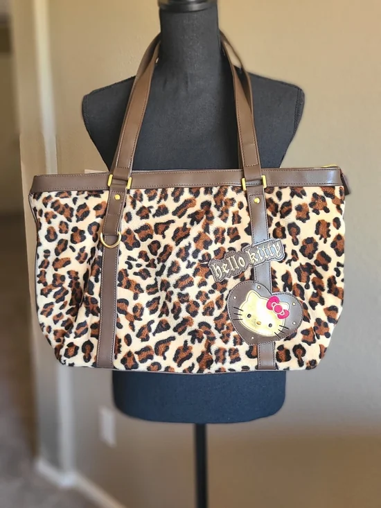 Hello Kitty Leopard Tote in Brown with Red Bow Accent