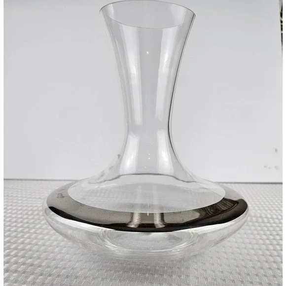 Modern Glass Wine Decanter with Silver‎ Band Accent Clear Flared Carafe 8.5in