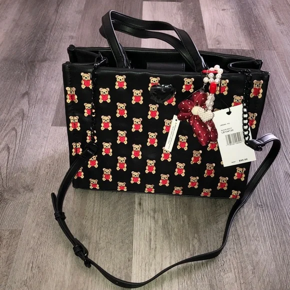 Luv Betsey Betsey Johnson Black Tote Bag Embroidered Teddy Bears + Bag Charm NWT