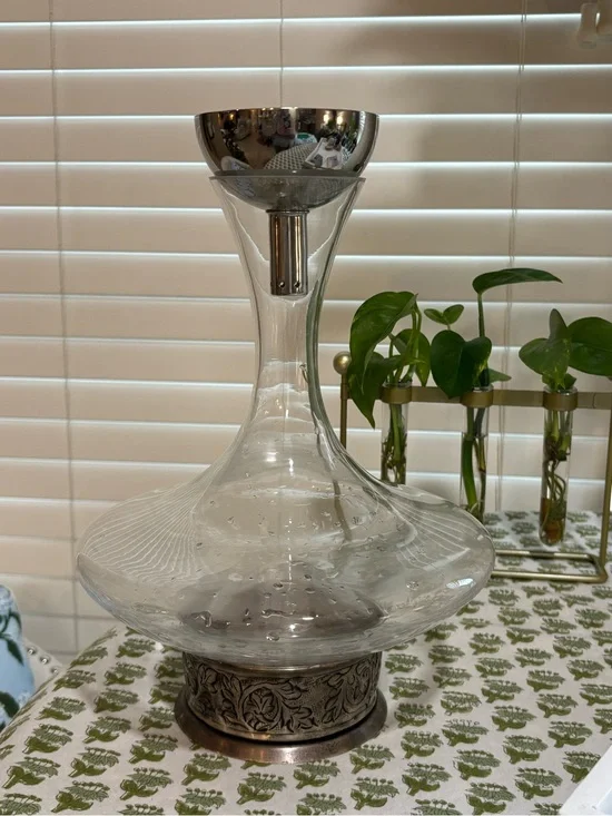 Pottery Barn Madena Pewter Base Glass Wine Decanter & Funnel Set