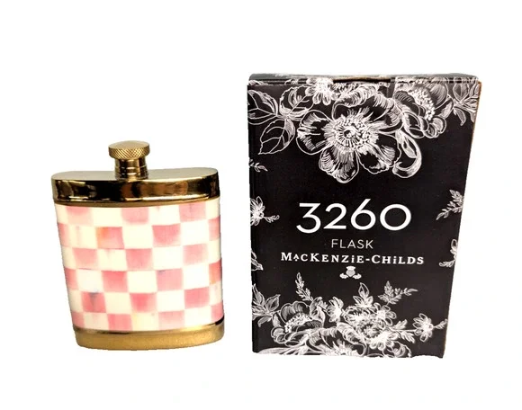 MACKENZIE-CHILDS Rosy Check 3260 Pocket Flask w/ Funnel in Box 6 oz New w Flaws