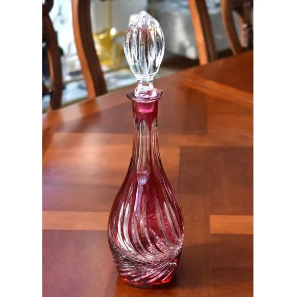 Vintage Lausitzer German Burgundy Cranberry Crystal Decanter with Topper