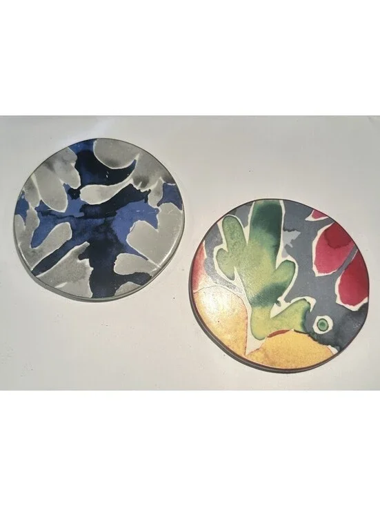 Set of 2 Vintage Abstract Ceramic Coasters Round Art Pottery Drink Coasters 4