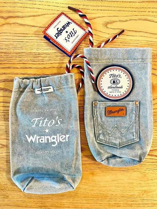 Tito’s Vodka x Wrangler Denim Jean Drawstring Bottle Bag Set Of TWO Collectable