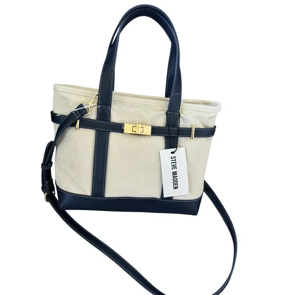 Steve Madden Mini Canvas Tote Navy Handles Crossbody Gold Tone Hardware NWT