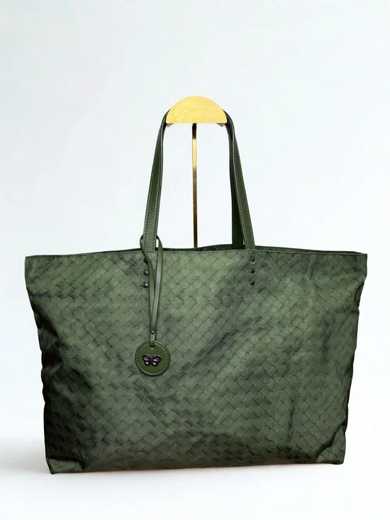Bottega Veneta Medium Intrecciato Nylon Tote — Deep Olive Green