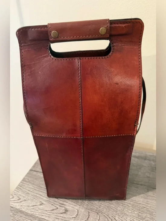 Vintage Genuine Leather 2 Bottle Wine Carrier Cognac Brown w/ Divider And Strap