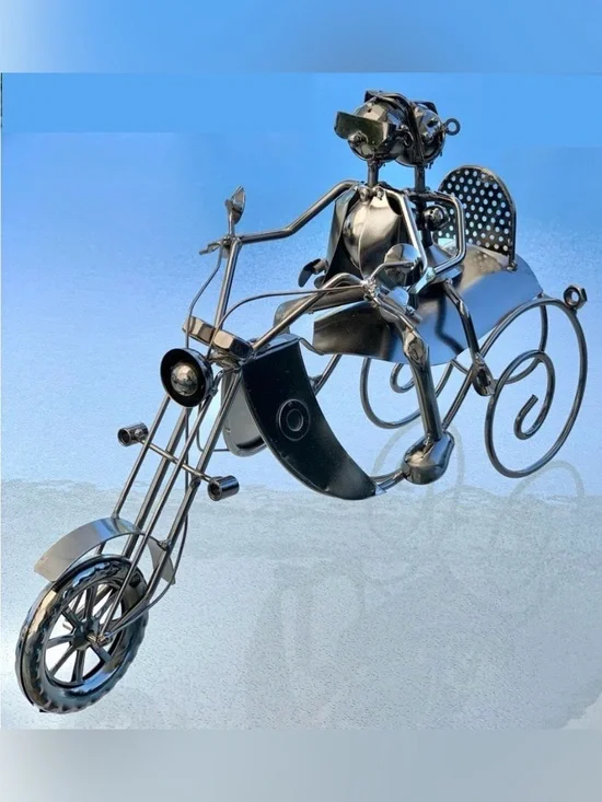 Metallic Steampunk Couple On A Motorcycle Single Wine Bottle Holder Sculpture