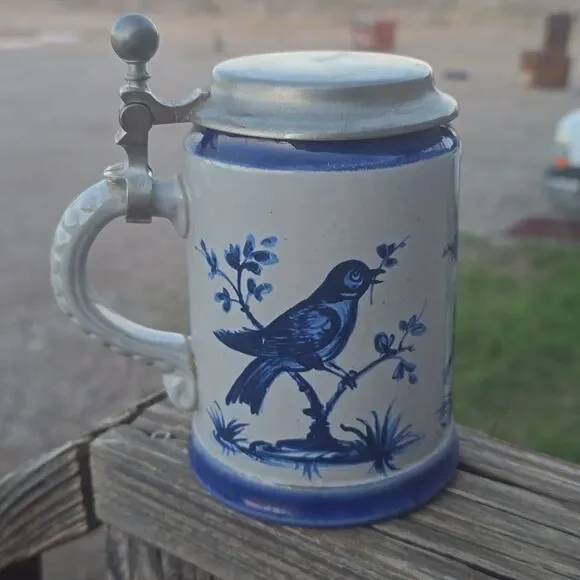 VTG 🇩🇪 Marzi & Remy Cobalt Bird & Rearing Horse Beer Stein – Pewter Lid