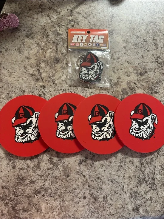 Georgia Bulldogs Red Bulldog Coaster Set with Key Tag