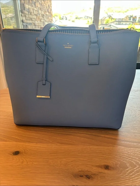 kate spade dusty blue saffiano tote with gold accents