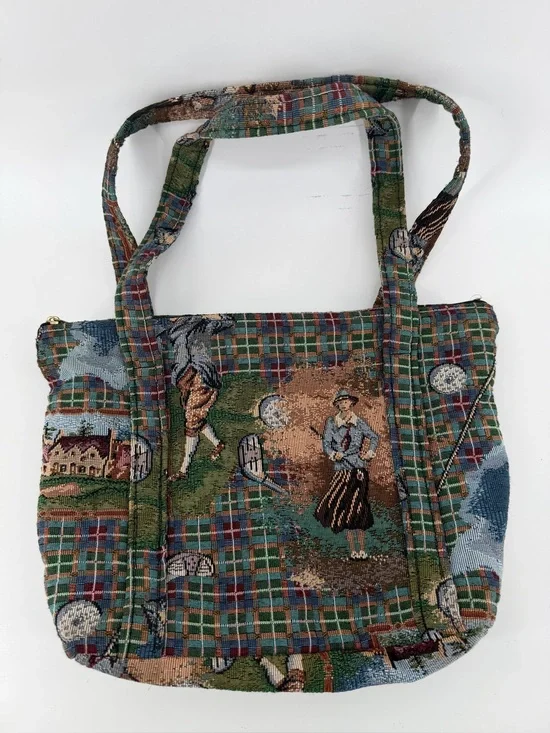 Vtg 90s Golf Tapestry Tote Bag Woven Country Club Shoulder Purse 15x11x4.5 Strap