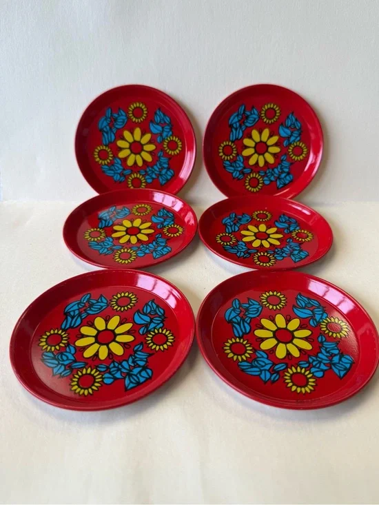 Vintage Set of 6 MCM Metal Floral Coasters in Red Yellow and Blue Made in Brazil