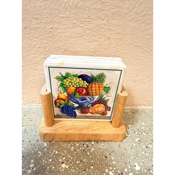 Wilma B Vincent Fruit Bowl Tile Coasters Set 4 Ceramic Kitchen Decor Wood Holder