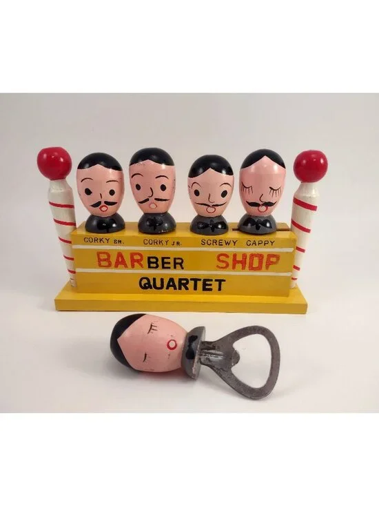 Vintage Barber Shop Quartet Corkscrew & Bottle Opener Set With Wooden Display St