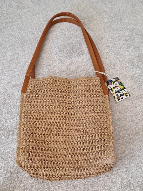 Woven Straw Tote with Tan Handles
