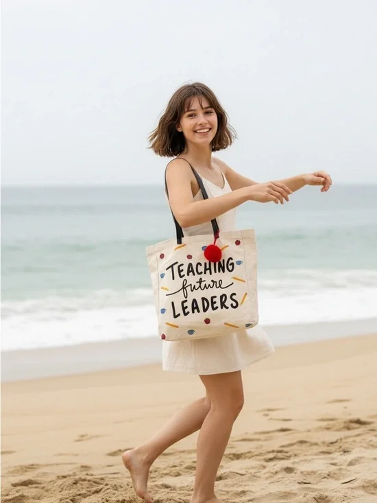 Canvas Tote Bag - Teaching Future Leaders - Cream with Black Straps