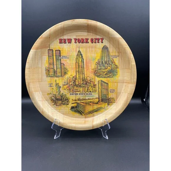 1970s Bamboo Drink Tray, New York City Landmarks, Travel Souvenir