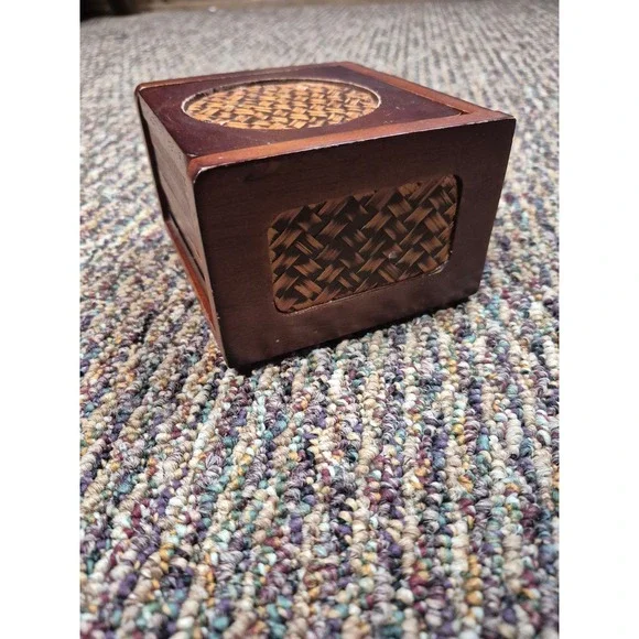 Vintage Wood and Woven Rattan Coaster‎ Set w Matching Holder 6 Piece Boho Decor