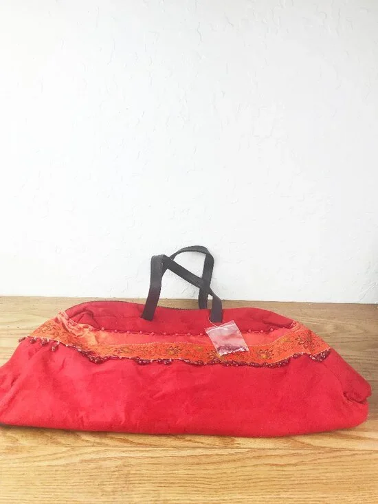 Mountain Mama's Red Suede Feel Tote Bag – Embroidered Trim Beaded Fringe