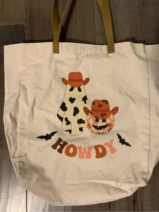 Target Cream Canvas 'Howdy' Halloween Tote with Brown Straps