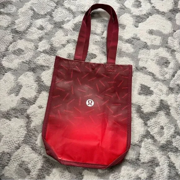 Lululemon Small Red Ombre Reusable Shopping Tote Bag Snap Top Logo Travel Lunch