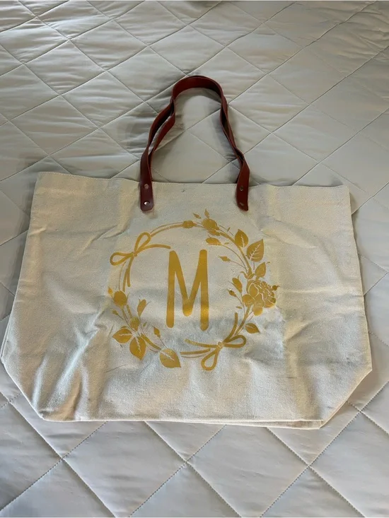 Amazon Cream Canvas Tote with Gold Monogram and Brown Handles