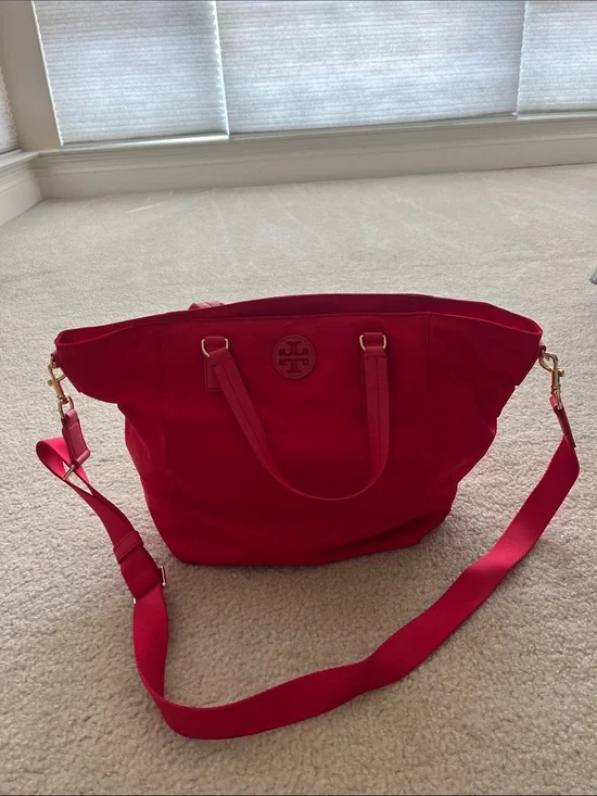 Tory Burch Bright Red Nylon Tote with Detachable Strap