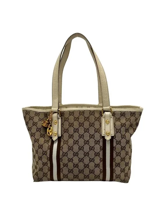 Gucci Tote GG Pattern Beige Dark Brown White Leather