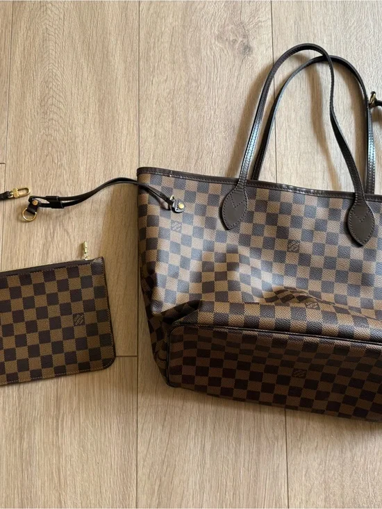 Brown Checkered Tote Bag with Wristlet