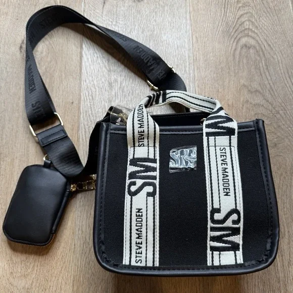 Steve Madden Bwebber Convertible Tote Bag  Black‎ White Hardware NWOT