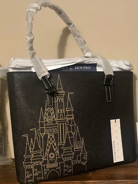 Dooney & Bourke Black Tote with Gold Castle Motif