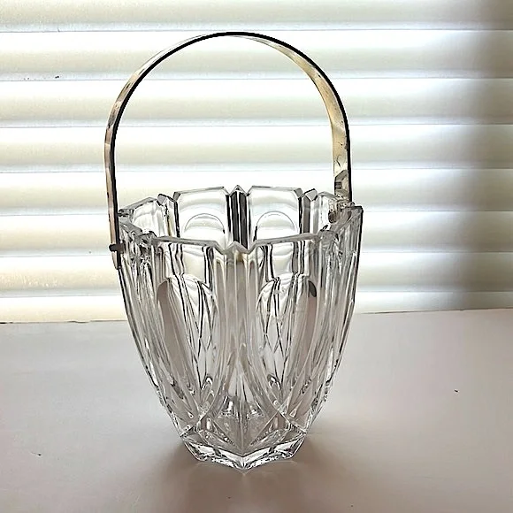 Vintage clear cut crystal ice bucket with silver tone handle